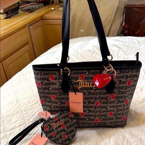 Juicy Couture Black and Red Heart Print Tote and matching wristlet set. - Picture 2 of 10